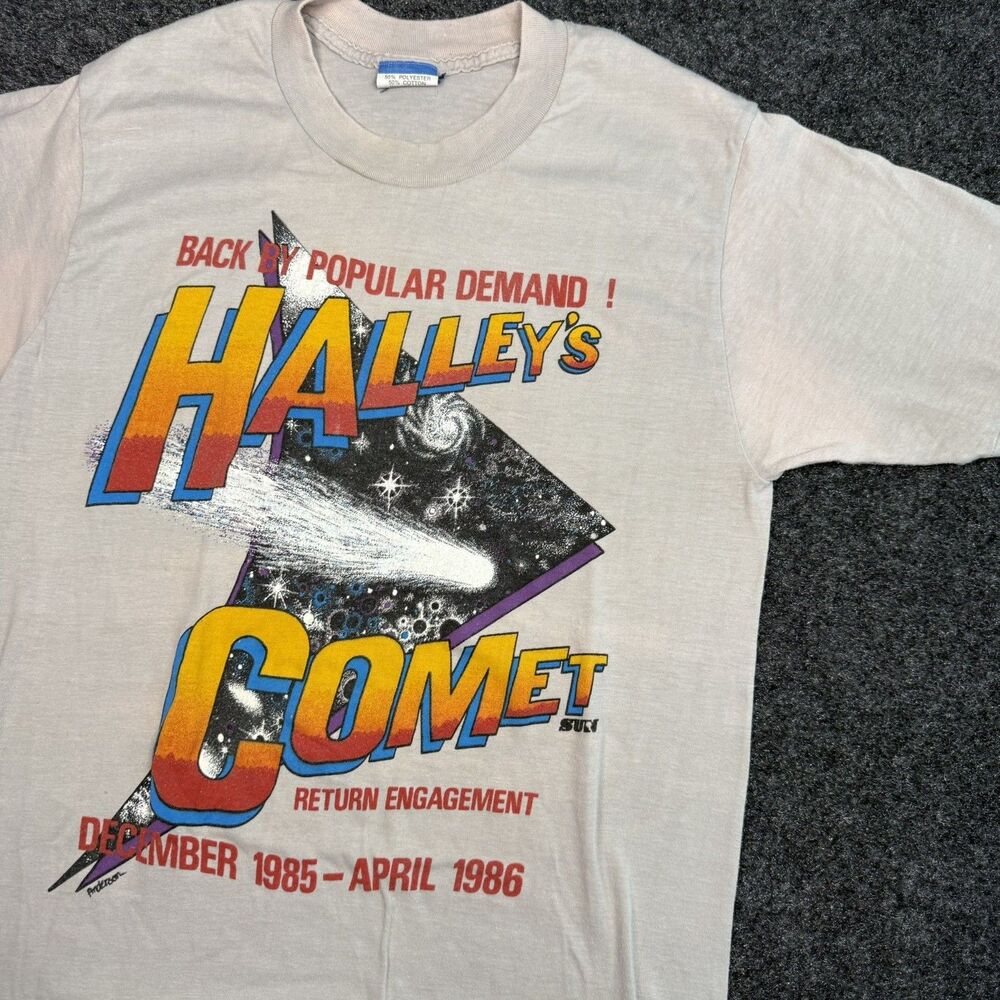 VTG 80s Halley's Comet Graphic Single Stitch Tee Shirt USA Space gray